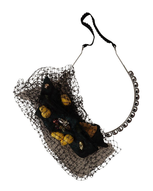 Dolce & Gabbana Silver Tiara Crystals Fruits Black Mesh Diadem Headband - ClickThatClicks 