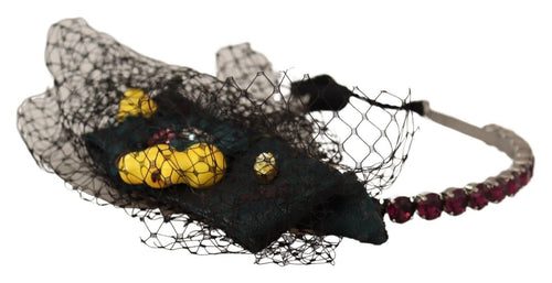 Dolce & Gabbana Silver Tiara Crystals Fruits Black Mesh Diadem Headband - ClickThatClicks 