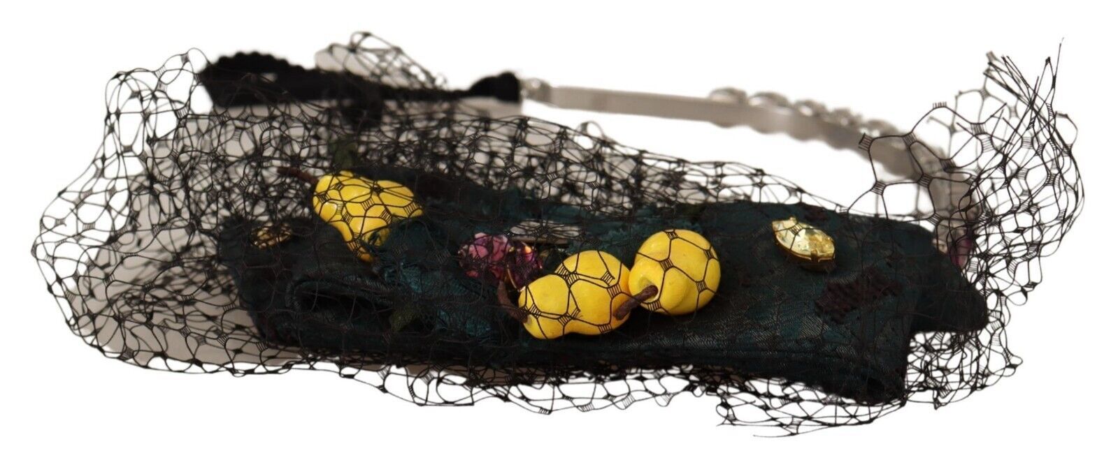 Dolce & Gabbana Silver Tiara Crystals Fruits Black Mesh Diadem Headband - ClickThatClicks 