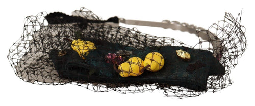 Dolce & Gabbana Silver Tiara Crystals Fruits Black Mesh Diadem Headband - ClickThatClicks 