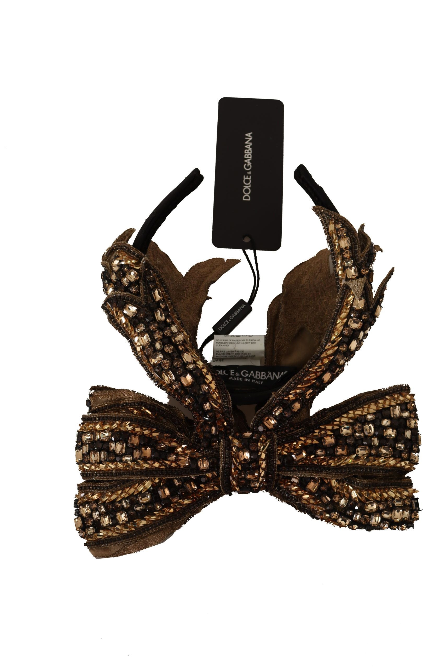 Dolce & Gabbana Gold Crystal Beaded Sequined Silk Bow Headband Diadem - ClickThatClicks 