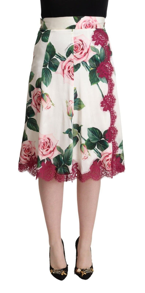 Dolce & Gabbana White Rose Print High Waist Midi A-line Skirt - ClickThatClicks 