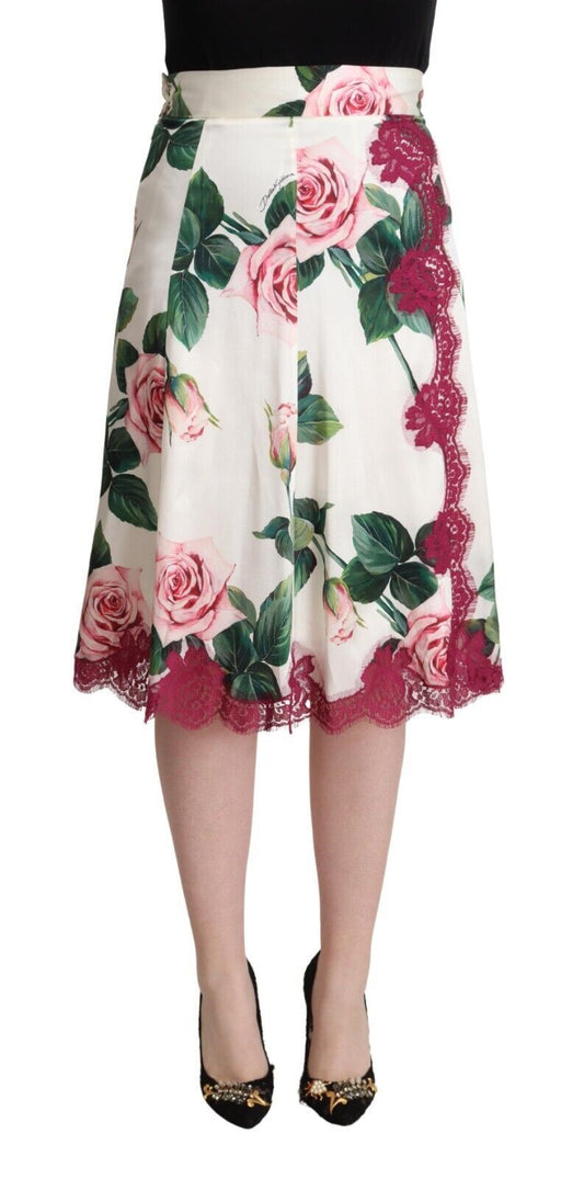 Dolce & Gabbana White Rose Print High Waist Midi A-line Skirt - ClickThatClicks 