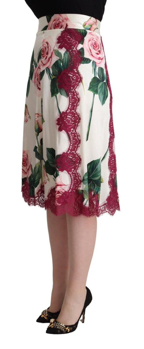 Dolce & Gabbana White Rose Print High Waist Midi A-line Skirt - ClickThatClicks 