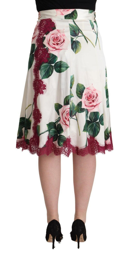 Dolce & Gabbana White Rose Print High Waist Midi A-line Skirt - ClickThatClicks 