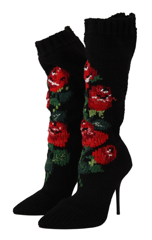Dolce & Gabbana Black Stretch Socks Red Roses Booties Shoes - ClickThatClicks 