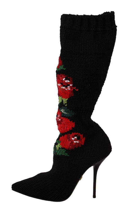 Dolce & Gabbana Black Stretch Socks Red Roses Booties Shoes - ClickThatClicks 