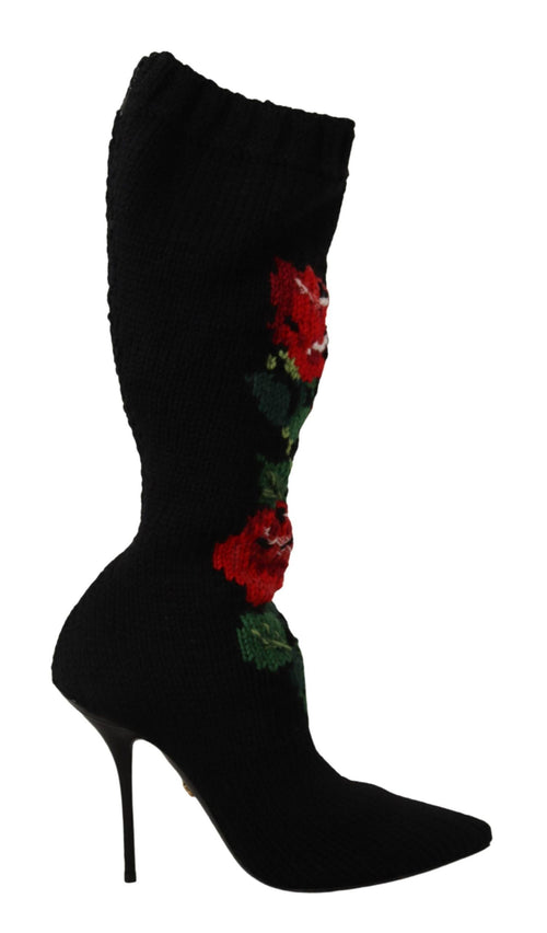 Dolce & Gabbana Black Stretch Socks Red Roses Booties Shoes - ClickThatClicks 