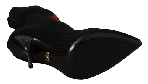 Dolce & Gabbana Black Stretch Socks Red Roses Booties Shoes - ClickThatClicks 