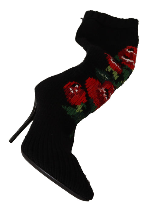 Dolce & Gabbana Black Stretch Socks Red Roses Booties Shoes - ClickThatClicks 