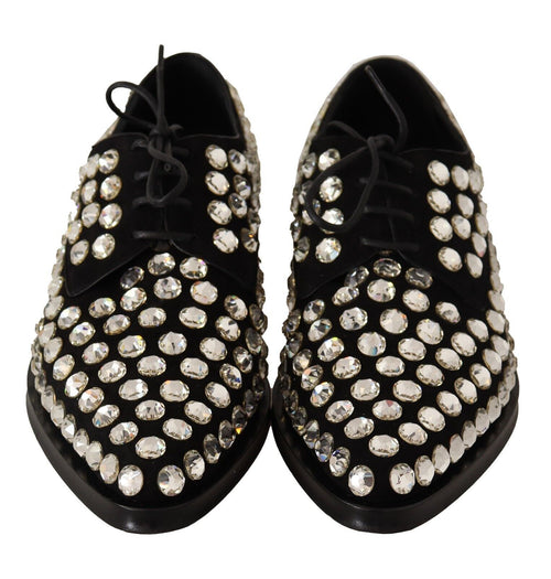 Dolce & Gabbana Black Leather Crystals Lace Up Formal Shoes - ClickThatClicks 