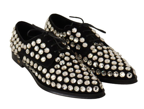 Dolce & Gabbana Black Leather Crystals Lace Up Formal Shoes - ClickThatClicks 