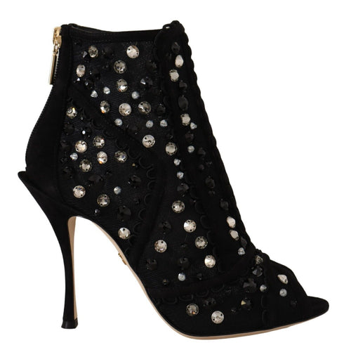 Dolce & Gabbana Black Crystals Heels Zipper Short Boots Shoes - ClickThatClicks 