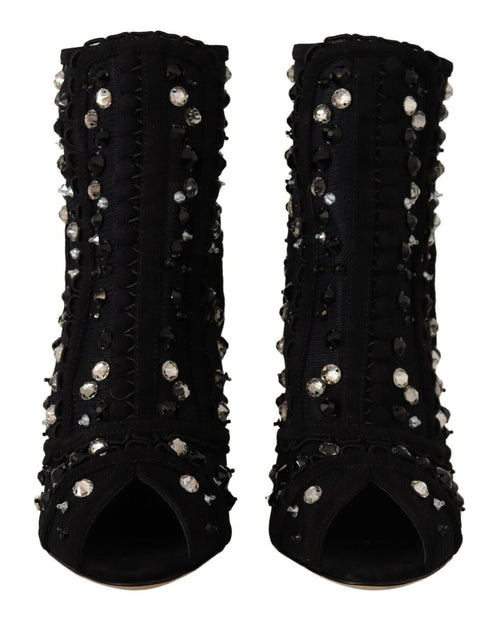 Dolce & Gabbana Black Crystals Heels Zipper Short Boots Shoes - ClickThatClicks 