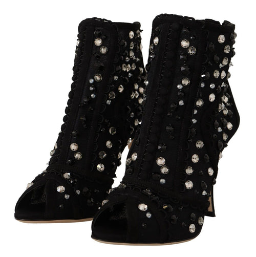 Dolce & Gabbana Black Crystals Heels Zipper Short Boots Shoes - ClickThatClicks 
