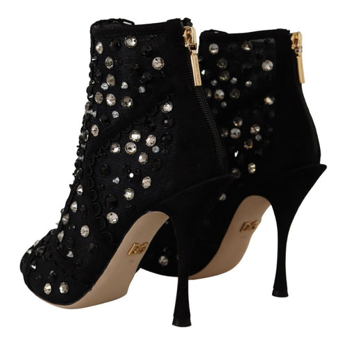 Dolce & Gabbana Black Crystals Heels Zipper Short Boots Shoes - ClickThatClicks 