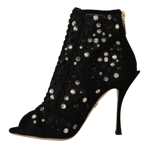 Dolce & Gabbana Black Crystals Heels Zipper Short Boots Shoes - ClickThatClicks 