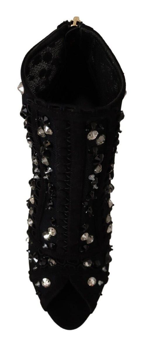 Dolce & Gabbana Black Crystals Heels Zipper Short Boots Shoes - ClickThatClicks 