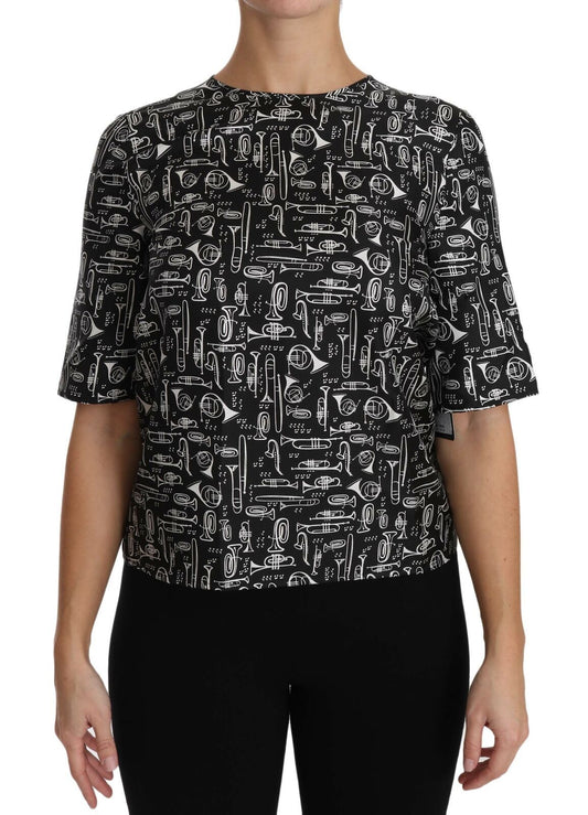 Dolce & Gabbana Black Musical Instruments Print Silk Blouse - ClickThatClicks 