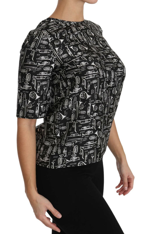 Dolce & Gabbana Black Musical Instruments Print Silk Blouse - ClickThatClicks 