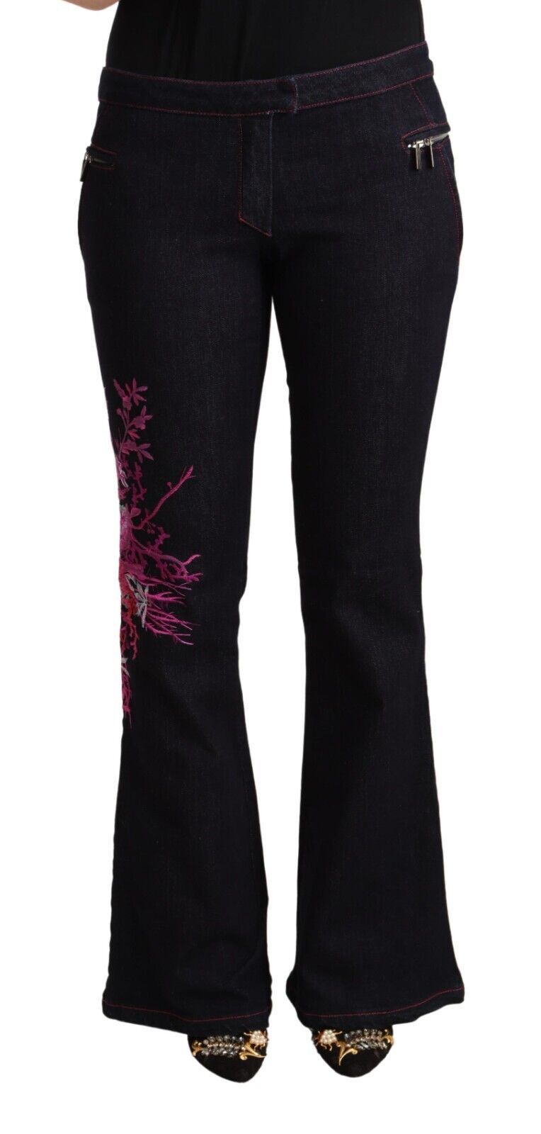 Exte Black Cotton Mid Waist Cotton Flared Jeans - ClickThatClicks 