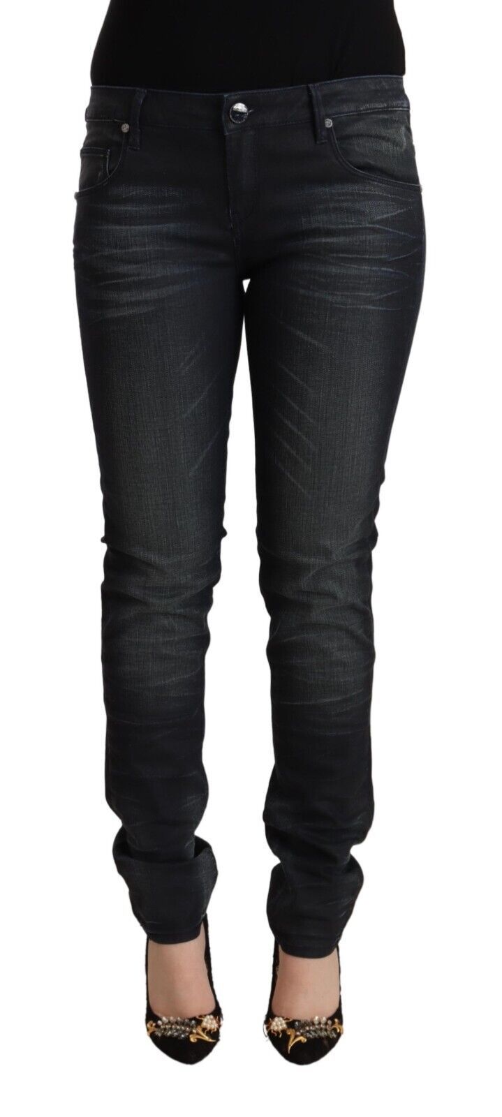Acht Black Washed Cotton Low Waist Slim Fit Denim Jeans - ClickThatClicks 