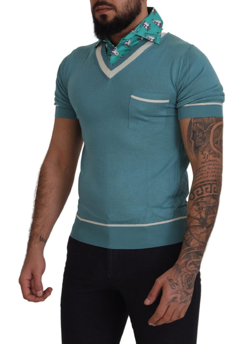 Dolce & Gabbana Blue Silk Polo Top Mens V-neck  T-shirt - ClickThatClicks 