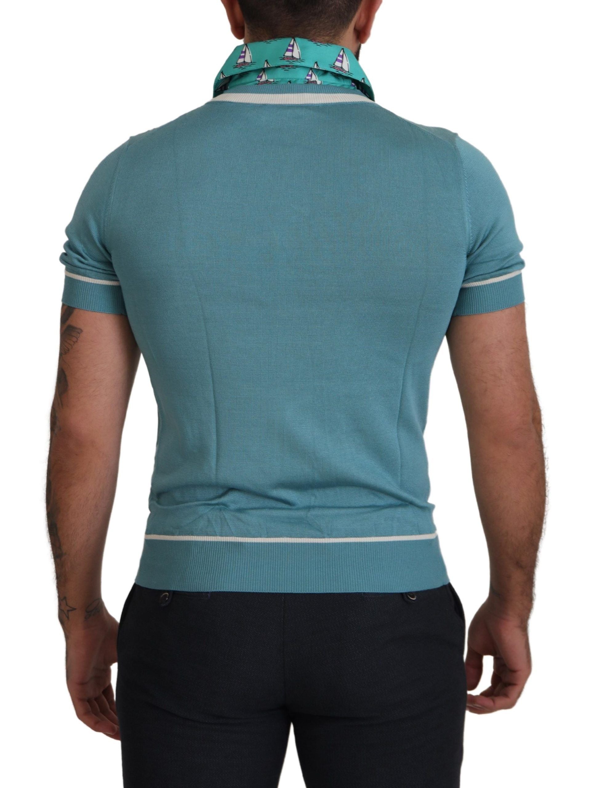 Dolce & Gabbana Blue Silk Polo Top Mens V-neck  T-shirt - ClickThatClicks 