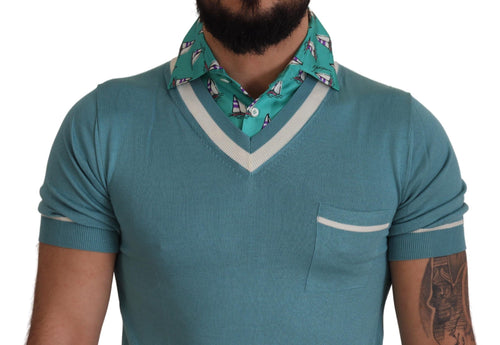 Dolce & Gabbana Blue Silk Polo Top Mens V-neck  T-shirt - ClickThatClicks 