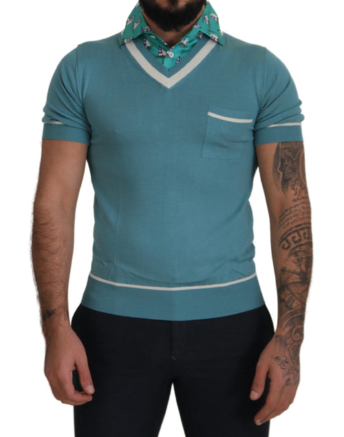Dolce & Gabbana Blue Silk Polo Top Mens V-neck  T-shirt - ClickThatClicks 
