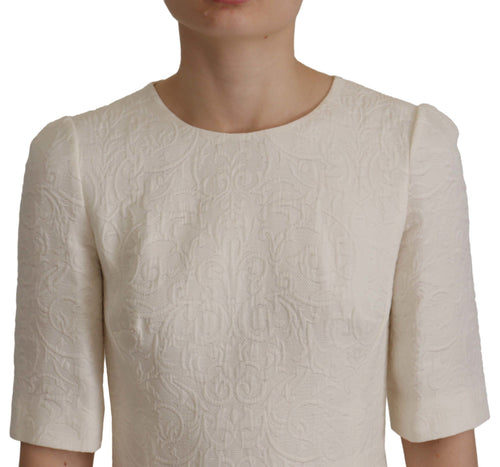 Dolce & Gabbana White Jaquard Midi Floral Sheath Brocade Dress - ClickThatClicks 