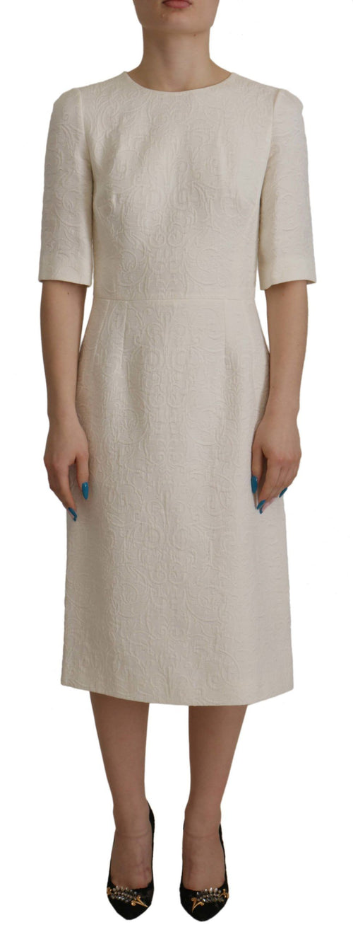 Dolce & Gabbana White Jaquard Midi Floral Sheath Brocade Dress - ClickThatClicks 