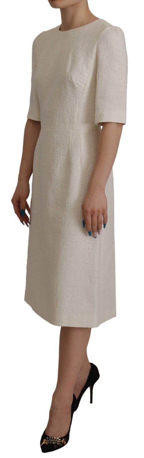 Dolce & Gabbana White Jaquard Midi Floral Sheath Brocade Dress - ClickThatClicks 