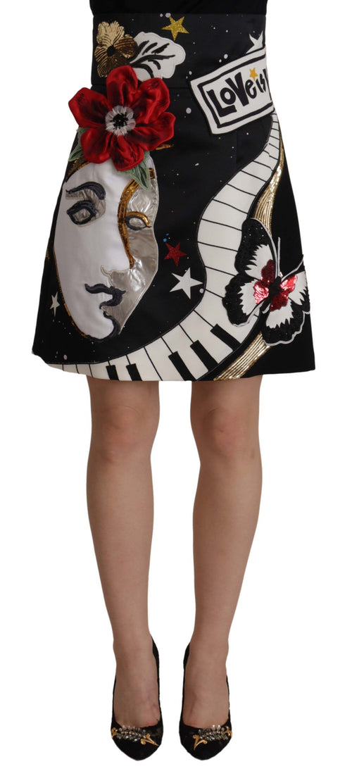 Dolce & Gabbana Black Love Clock Sequined Piano Skirt - ClickThatClicks 