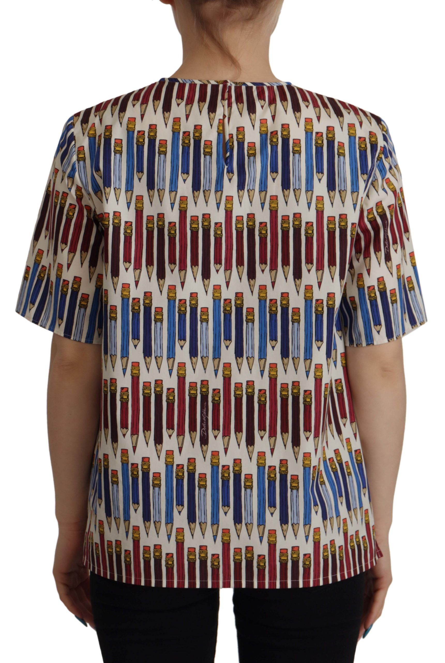 Dolce & Gabbana White Pencil Print Cotton T-shirt Blouse - ClickThatClicks 