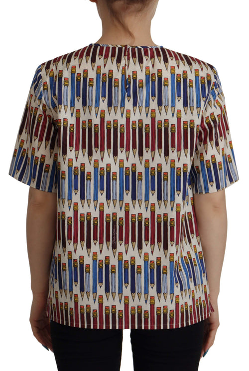 Dolce & Gabbana White Pencil Print Cotton T-shirt Blouse - ClickThatClicks 