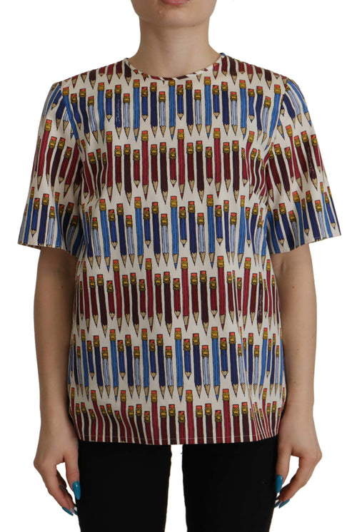 Dolce & Gabbana White Pencil Print Cotton T-shirt Blouse - ClickThatClicks 