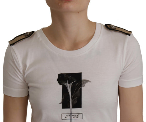 Dolce & Gabbana White Black Roses Crewneck Cotton  T-shirt - ClickThatClicks 