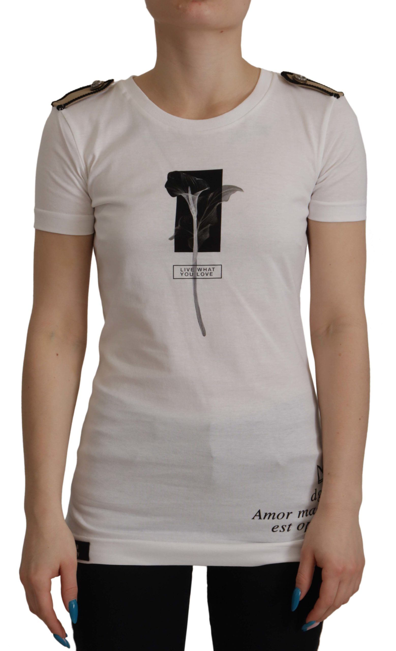 Dolce & Gabbana White Black Roses Crewneck Cotton  T-shirt - ClickThatClicks 