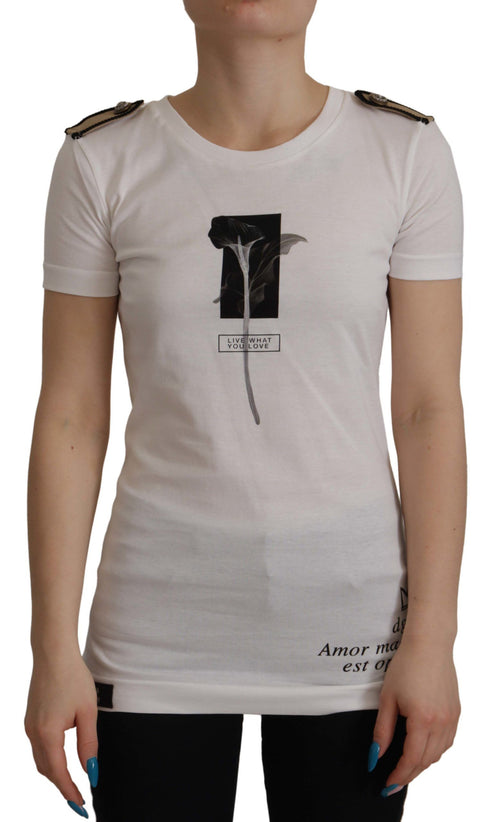 Dolce & Gabbana White Black Roses Crewneck Cotton  T-shirt - ClickThatClicks 