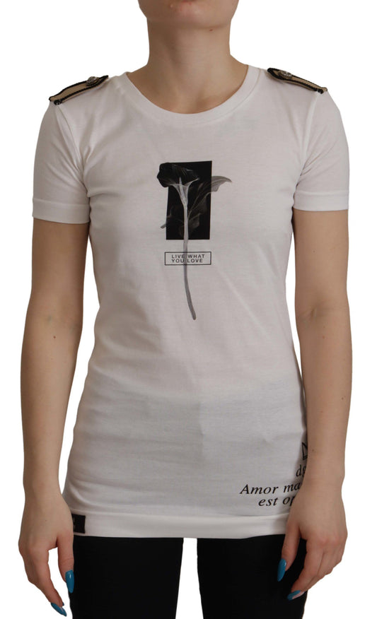 Dolce & Gabbana White Black Roses Crewneck Cotton  T-shirt - ClickThatClicks 