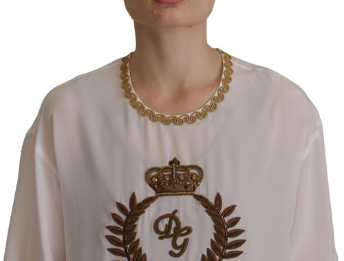 Dolce & Gabbana White Silk Gold DG Crown Crystal Blouse Top - ClickThatClicks 