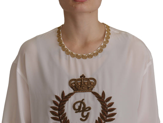 Dolce & Gabbana White Silk Gold DG Crown Crystal Blouse Top - ClickThatClicks 