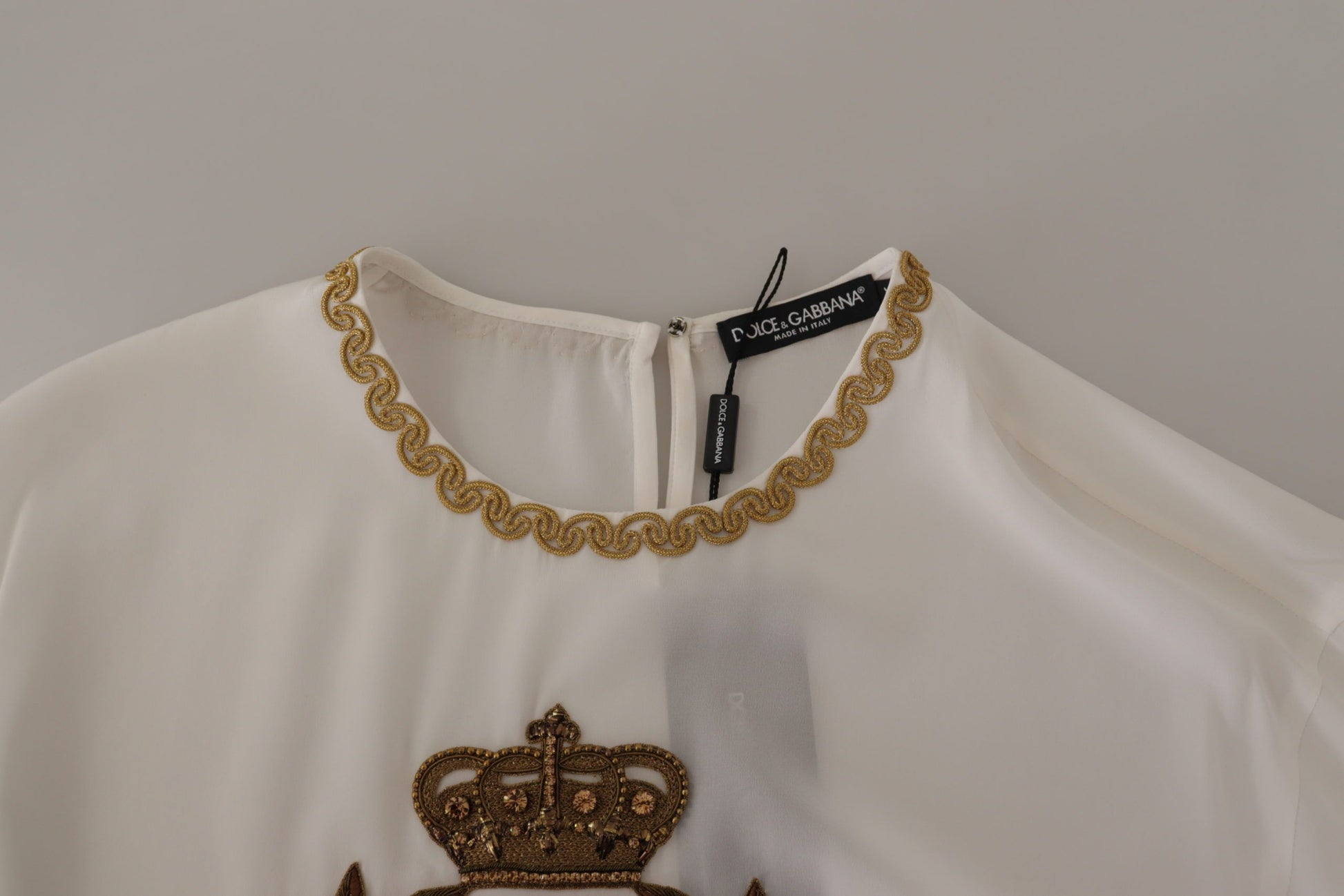 Dolce & Gabbana White Silk Gold DG Crown Crystal Blouse Top - ClickThatClicks 