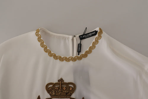 Dolce & Gabbana White Silk Gold DG Crown Crystal Blouse Top - ClickThatClicks 