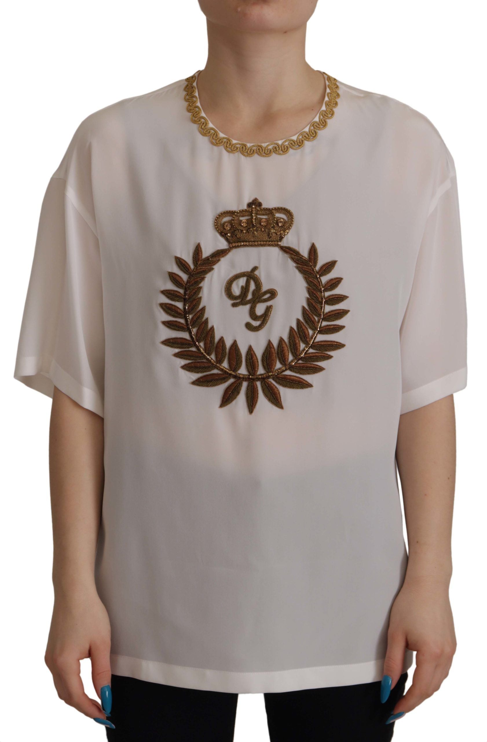 Dolce & Gabbana White Silk Gold DG Crown Crystal Blouse Top - ClickThatClicks 