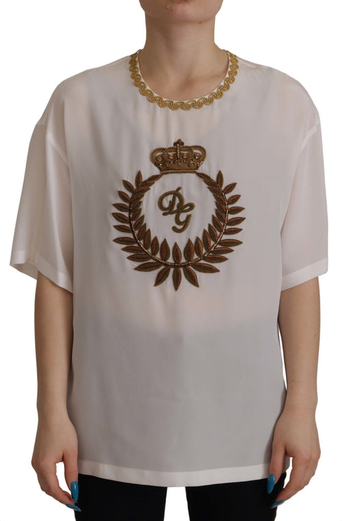 Dolce & Gabbana White Silk Gold DG Crown Crystal Blouse Top - ClickThatClicks 