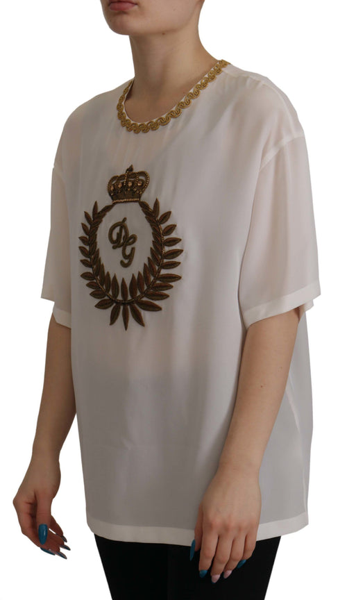 Dolce & Gabbana White Silk Gold DG Crown Crystal Blouse Top - ClickThatClicks 