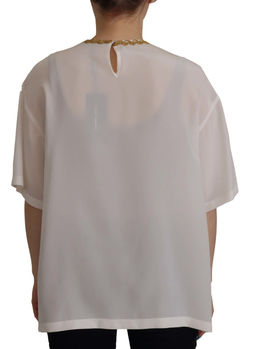 Dolce & Gabbana White Silk Gold DG Crown Crystal Blouse Top - ClickThatClicks 
