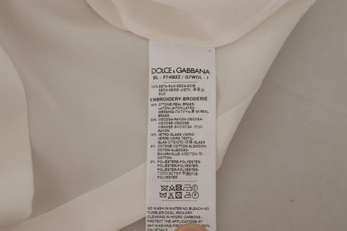 Dolce & Gabbana White Silk Gold DG Crown Crystal Blouse Top - ClickThatClicks 